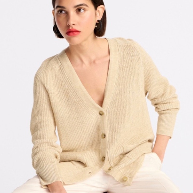 J. Crew Relaxed Cotton Linen Blend Cardigan Sweater Antique Cream Sz M $98 {Aa6}